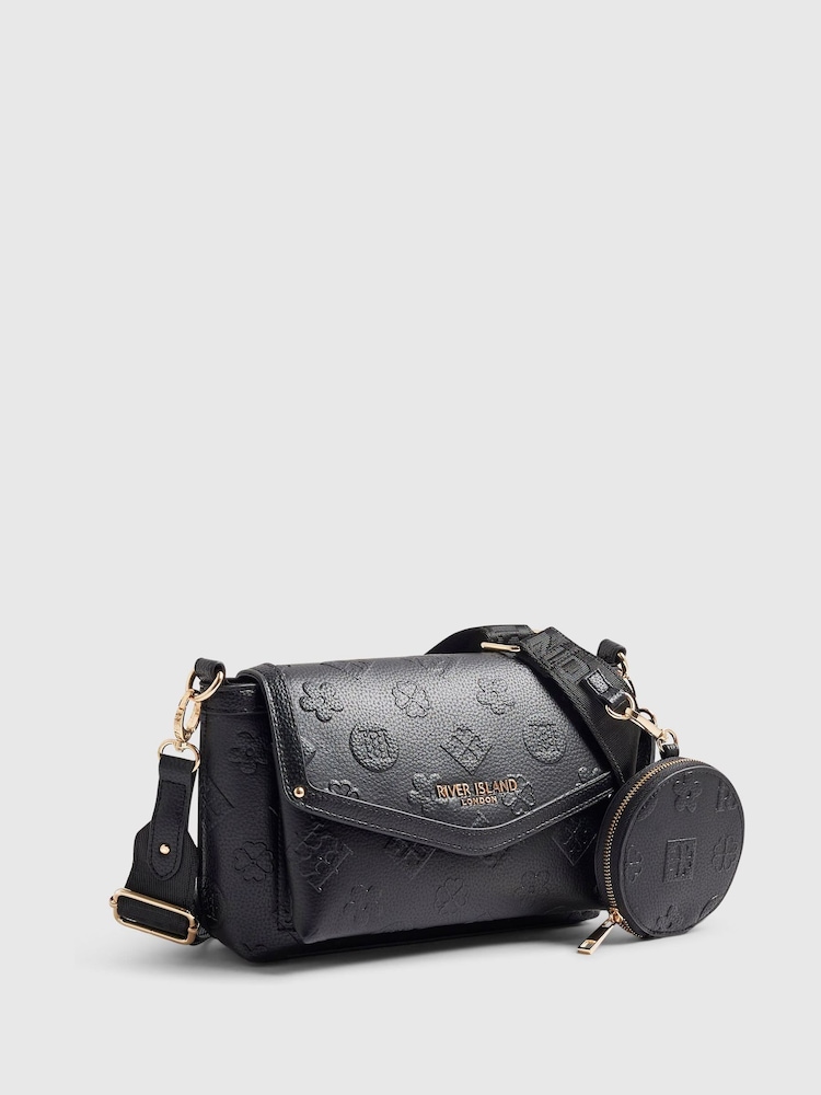 River Island Black Monogram Triple Compartment Bag - Image 2 of 6 River Island Black Monogram Triple Compartment Bag - Image 2 of 6
