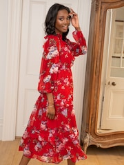 Pour Moi Red Floral Print Chiffon Frill Midaxi Dress - Image 2 of 5
