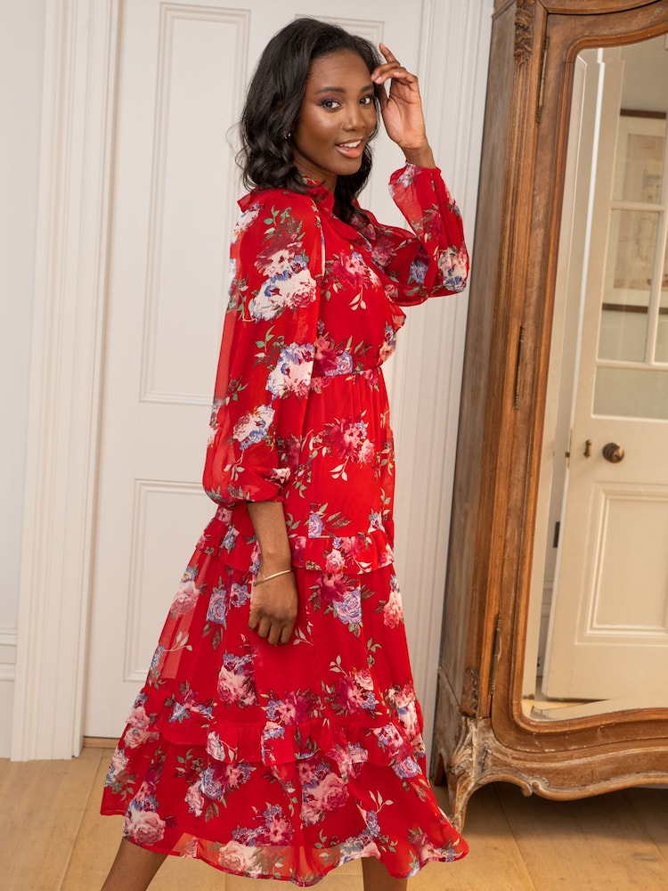 Pour Moi Red Floral Print Chiffon Frill Midaxi Dress - Image 2 of 5