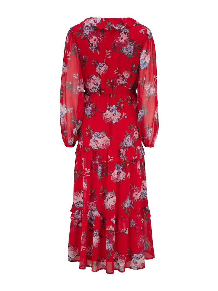 Pour Moi Red Floral Print Chiffon Frill Midaxi Dress - Image 5 of 5