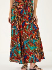 Roman Orange Abstract Print Belted Maxi Skirt - Image 4 of 5