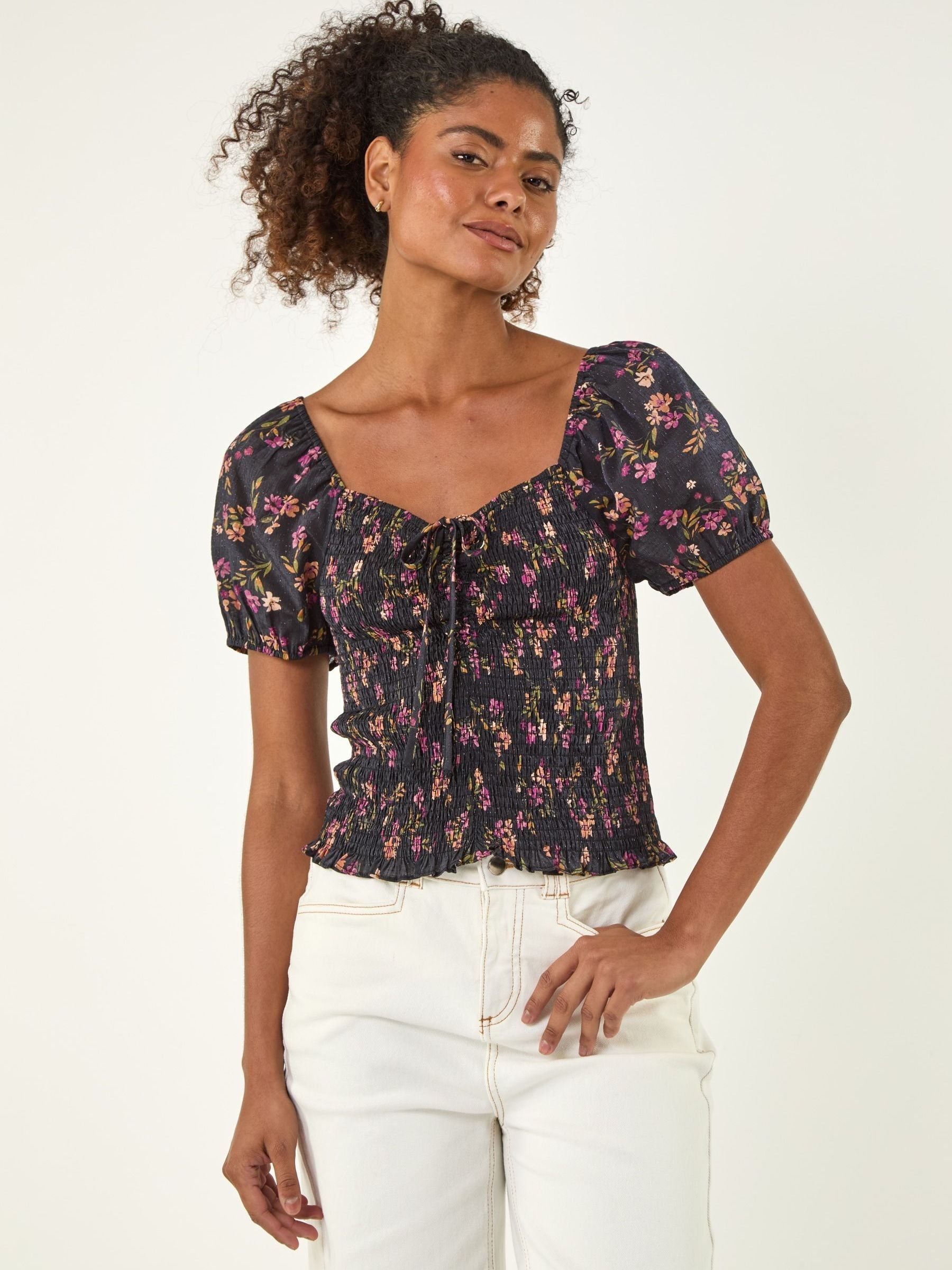 Buy Roman Black Floral Tie Front Top from Next USA