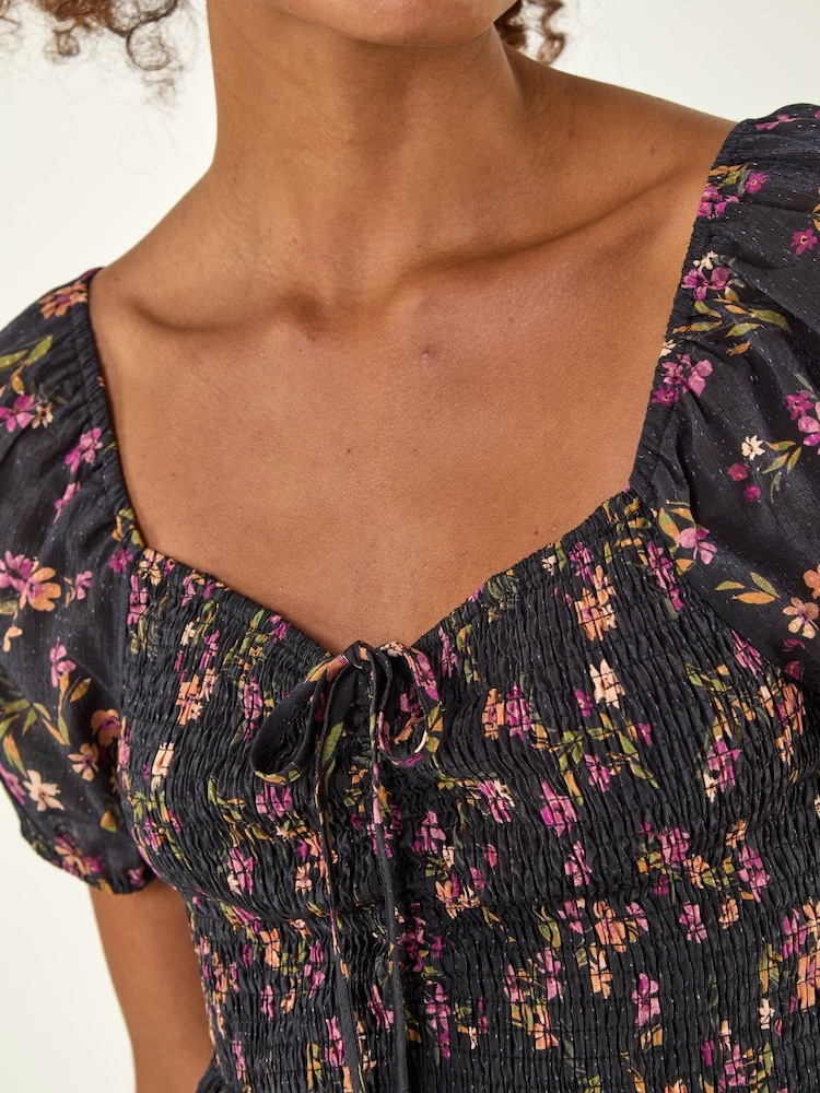 Roman Black Floral Tie Front Top - Image 4 of 4 Roman Black Floral Tie Front Top - Image 4 of 4