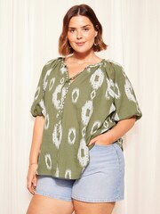 Curves Like These Bluse in Leinenoptik mit Print und Schleife - Bild 1 von 4