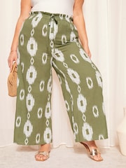 Curves Like These Khaki Green Linen Look Printed Wide Leg Trousers - Image 1 of 4