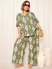 Curves Like These Khaki Green Linen Look Printed Wide Leg Trousers - Image 2 of 4