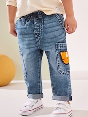 Mid Blue Denim with Tiger 100% Cotton Cargo Jeans (3mths-7yrs) - Image 1 of 7