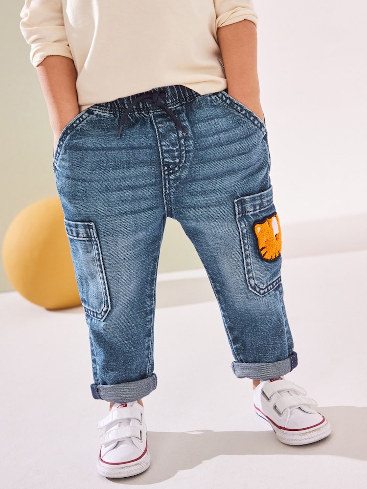 Mid Blue Denim with Tiger 100% Cotton Cargo Jeans (3mths-7yrs) - Image 2 of 7