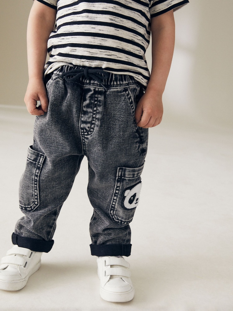 Black Denim with Panda 100% Cotton Cargo Jeans (3mths-7yrs) - Image 1 of 8