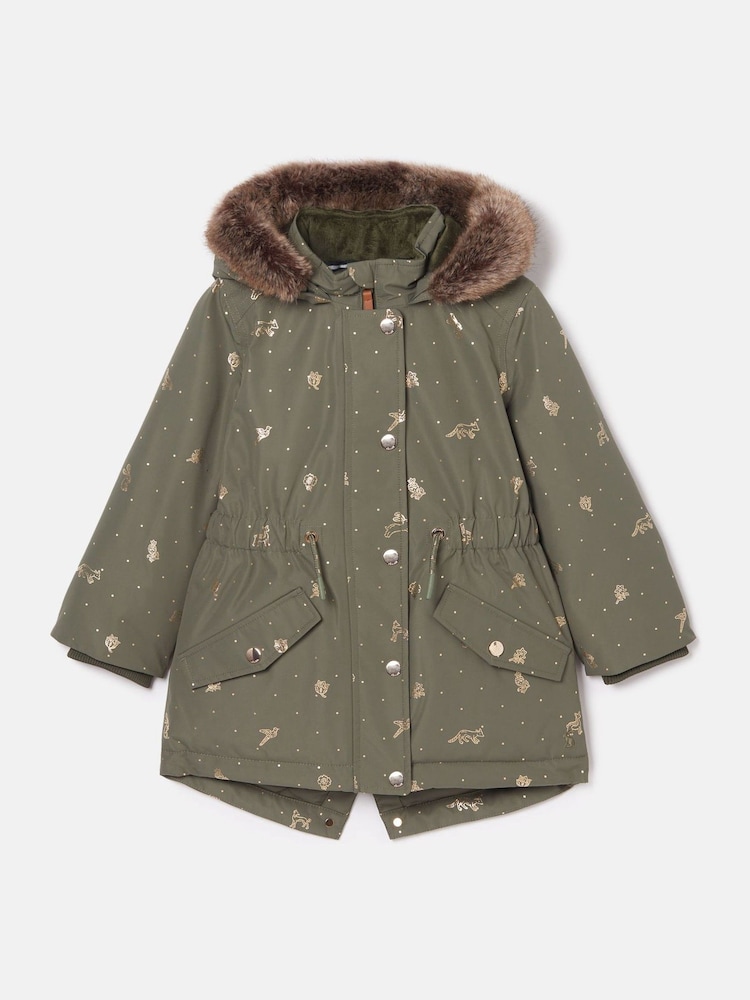 Joules Girls' Alix Khaki Green Printed Waterproof Parka Coat - Image 1 of 6 Joules Girls' Alix Khaki Green Printed Waterproof Parka Coat - Image 1 of 6