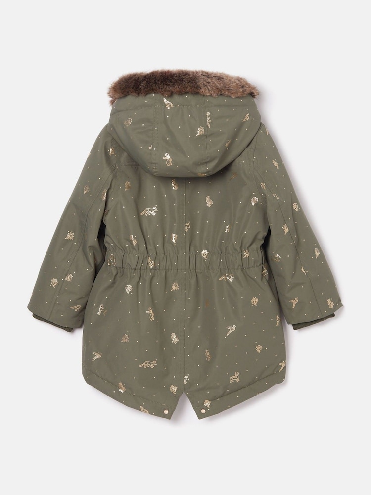 Joules Girls' Alix Khaki Green Printed Waterproof Parka Coat - Image 2 of 6 Joules Girls' Alix Khaki Green Printed Waterproof Parka Coat - Image 2 of 6