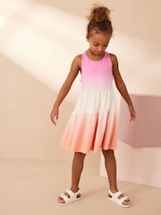 Pink/Apricot Orange Ombre 100% Cotton Jersey Back Detail Tiered Dress (3-16yrs) - Image 1 of 7