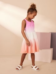 Pink/Apricot Orange Ombre 100% Cotton Jersey Back Detail Tiered Dress (3-16yrs) - Image 2 of 7
