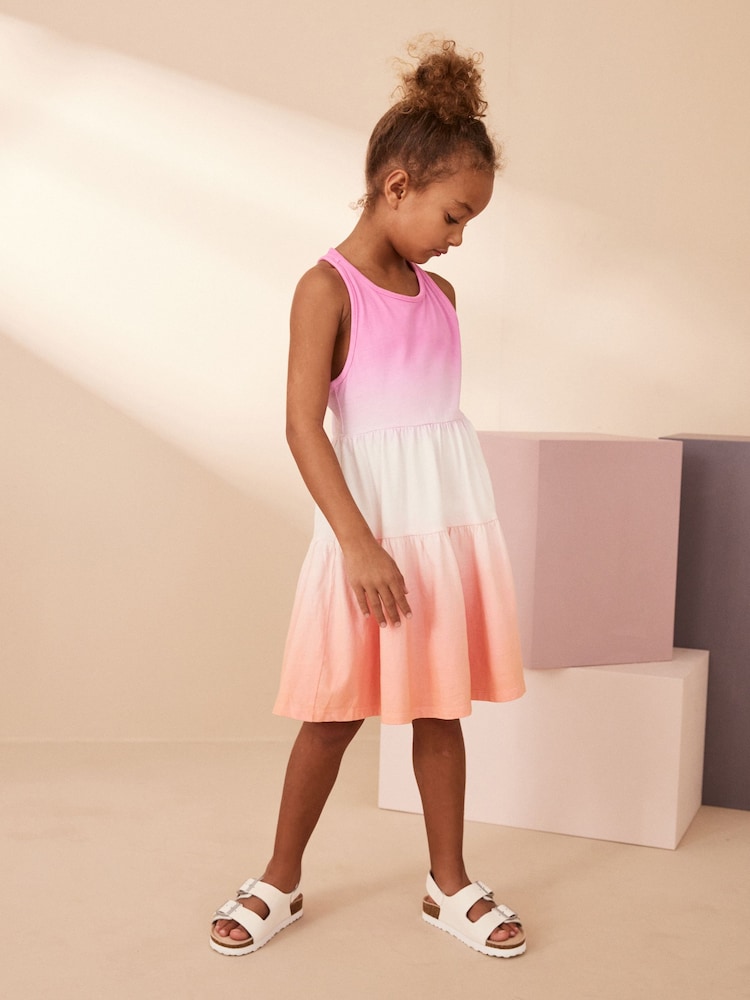Pink/Apricot Orange Ombre 100% Cotton Jersey Back Detail Tiered Dress (3-16yrs) - Image 2 of 7
