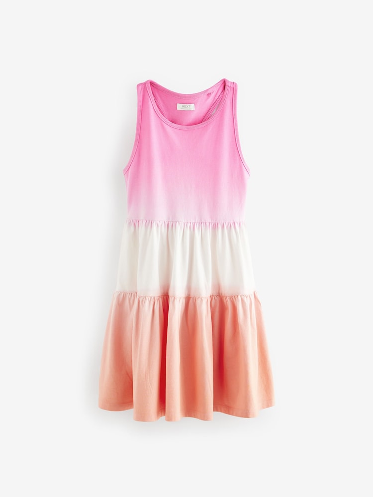 Pink/Apricot Orange Ombre 100% Cotton Jersey Back Detail Tiered Dress (3-16yrs) - Image 5 of 7