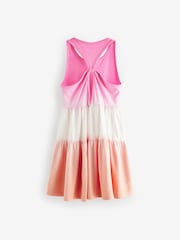 Pink/Apricot Orange Ombre 100% Cotton Jersey Back Detail Tiered Dress (3-16yrs) - Image 6 of 7