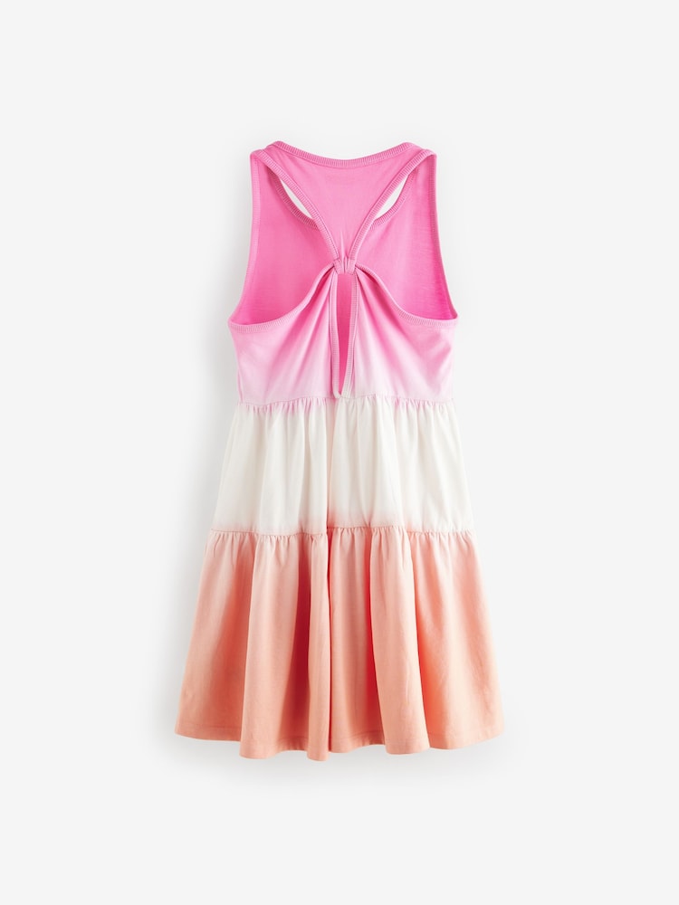 Pink/Apricot Orange Ombre 100% Cotton Jersey Back Detail Tiered Dress (3-16yrs) - Image 6 of 7