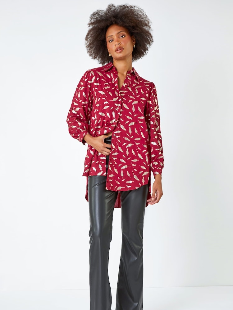 Dusk Red Metallic Foil Feather Print Shirt - Image 1 of 4 Dusk Red Metallic Foil Feather Print Shirt - Image 1 of 4