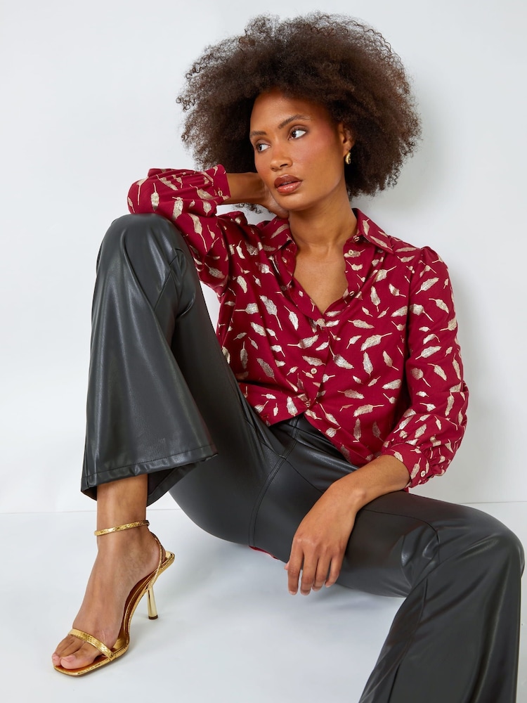 Dusk Red Metallic Foil Feather Print Shirt - Image 2 of 4 Dusk Red Metallic Foil Feather Print Shirt - Image 2 of 4