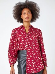 Dusk Red Metallic Foil Feather Print Shirt - Image 4 of 4