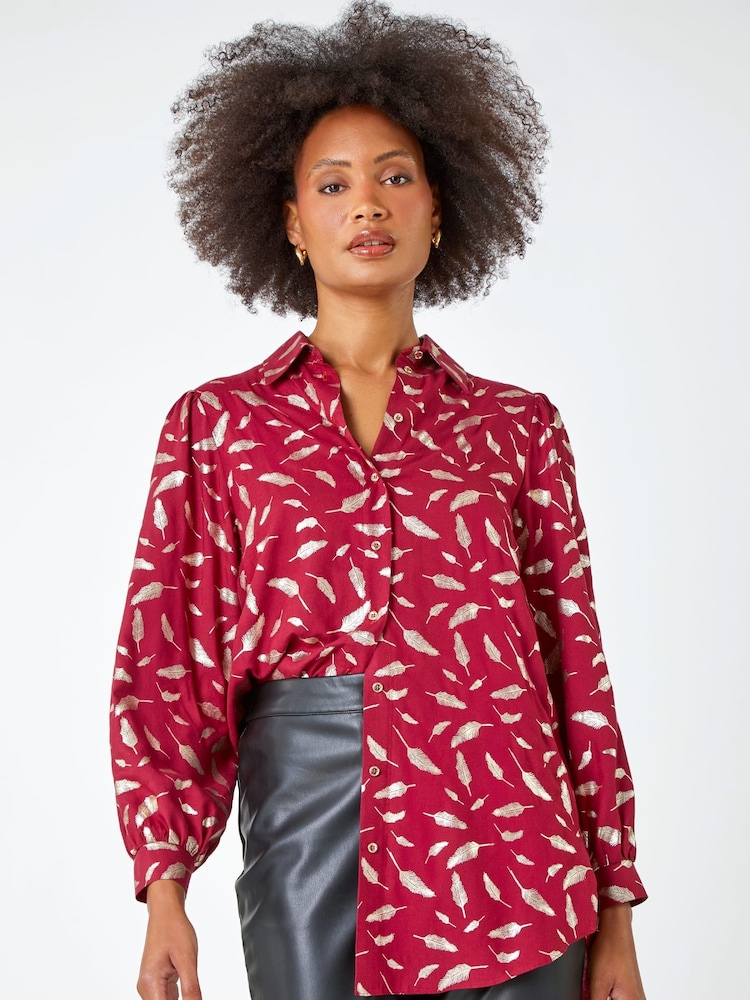 Dusk Red Metallic Foil Feather Print Shirt - Image 4 of 4 Dusk Red Metallic Foil Feather Print Shirt - Image 4 of 4