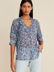 Blue Floral V-Neck Metallic Spot 3/4 Sleeve Blouse - Image 1 of 6