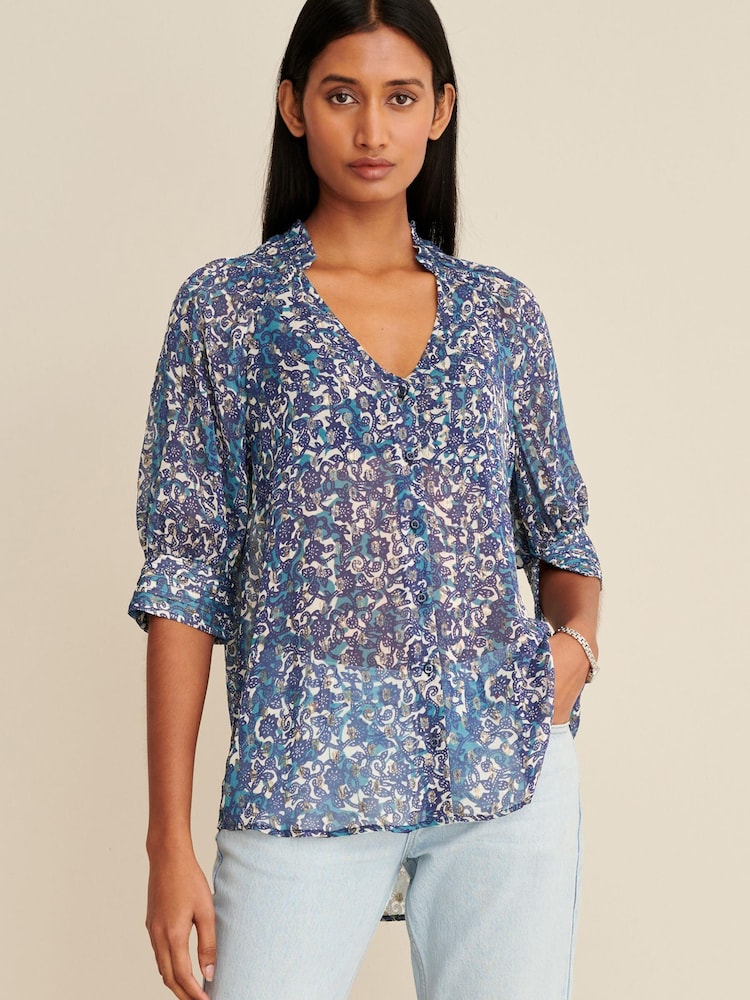 Blue Floral V-Neck Metallic Spot 3/4 Sleeve Blouse - Image 1 of 6 Blue Floral V-Neck Metallic Spot 3/4 Sleeve Blouse - Image 1 of 6