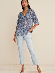 Blue Floral V-Neck Metallic Spot 3/4 Sleeve Blouse - Image 2 of 6