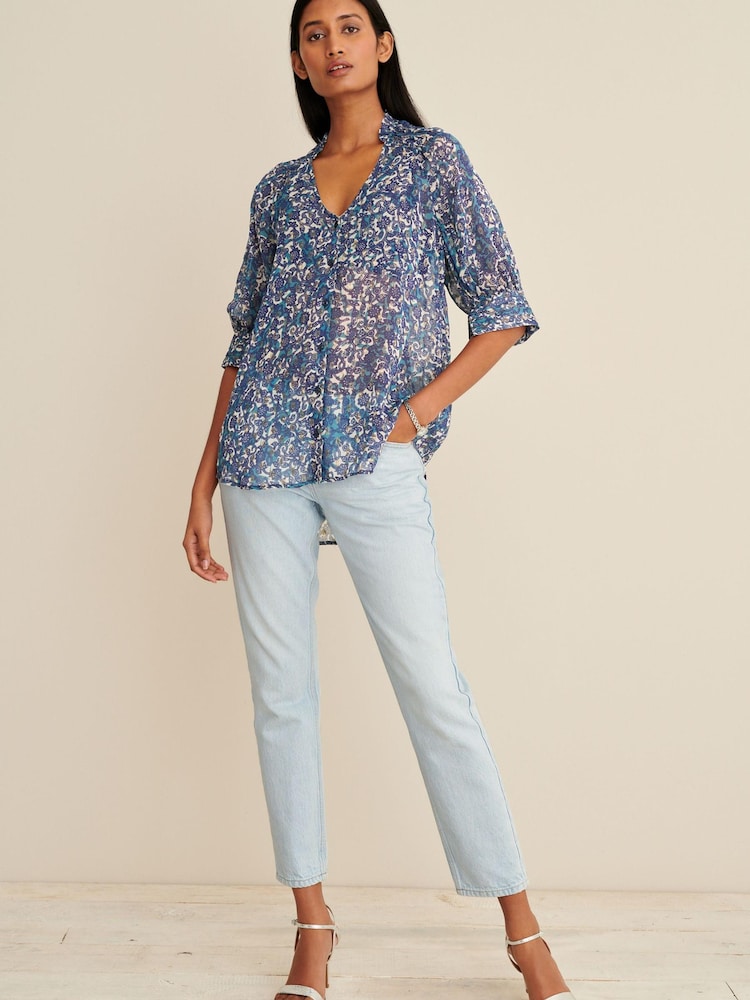 Blue Floral V-Neck Metallic Spot 3/4 Sleeve Blouse - Image 2 of 6 Blue Floral V-Neck Metallic Spot 3/4 Sleeve Blouse - Image 2 of 6