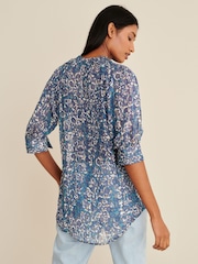 Blue Floral V-Neck Metallic Spot 3/4 Sleeve Blouse - Image 3 of 6