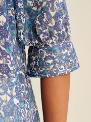 Blue Floral V-Neck Metallic Spot 3/4 Sleeve Blouse - Image 4 of 6