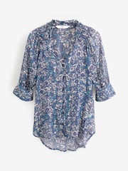 Blue Floral V-Neck Metallic Spot 3/4 Sleeve Blouse - Image 5 of 6