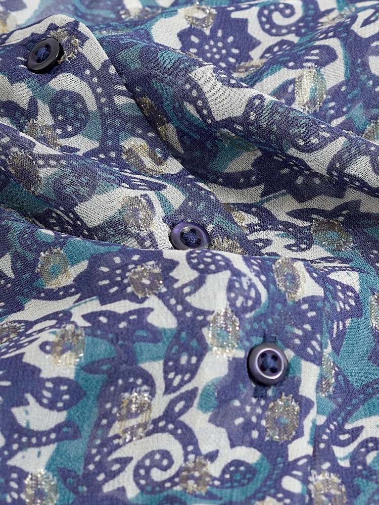 Blue Floral V-Neck Metallic Spot 3/4 Sleeve Blouse - Image 6 of 6 Blue Floral V-Neck Metallic Spot 3/4 Sleeve Blouse - Image 6 of 6