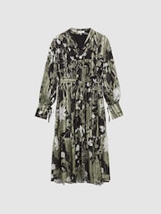 Reiss Green Lottie Floral Print Tie Neck Midi Dress - Image 2 of 5