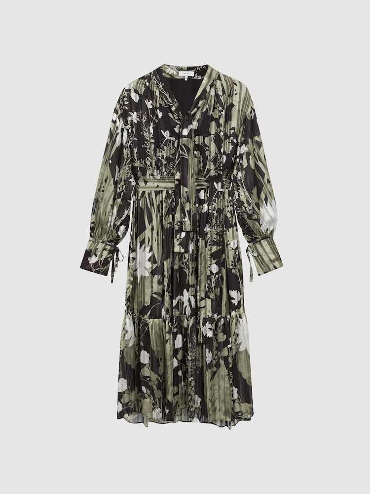 Reiss Green Lottie Floral Print Tie Neck Midi Dress - Image 2 of 5