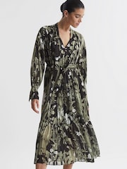 Reiss Green Lottie Floral Print Tie Neck Midi Dress - Image 3 of 5