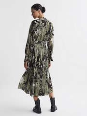 Reiss Green Lottie Floral Print Tie Neck Midi Dress - Image 5 of 5