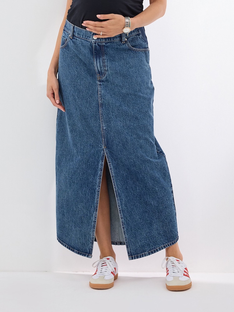 Mid Blue Denim Maternity Midaxi 100% Cotton Skirt - Image 1 of 9