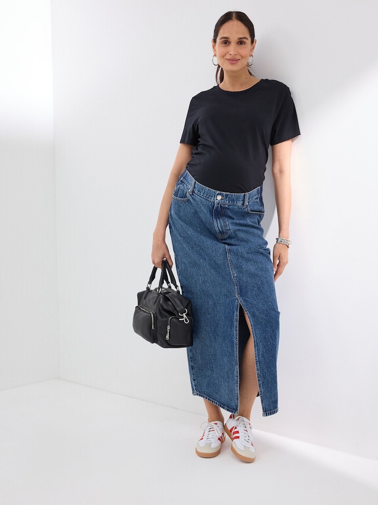 Mid Blue Denim Maternity Midaxi 100% Cotton Skirt - Image 2 of 9