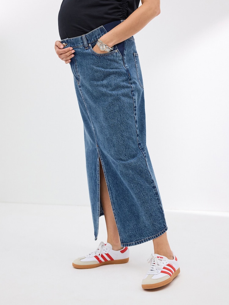Mid Blue Denim Maternity Midaxi 100% Cotton Skirt - Image 3 of 9
