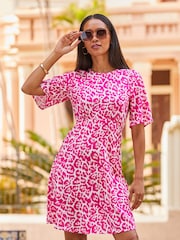 Sosandar Pink Animal Print Fluted Sleeve Fit and Flare Dress - Image 2 of 5