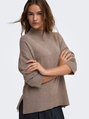 ONLY Brown High Neck Longline Slit Jumper - Image 1 of 6