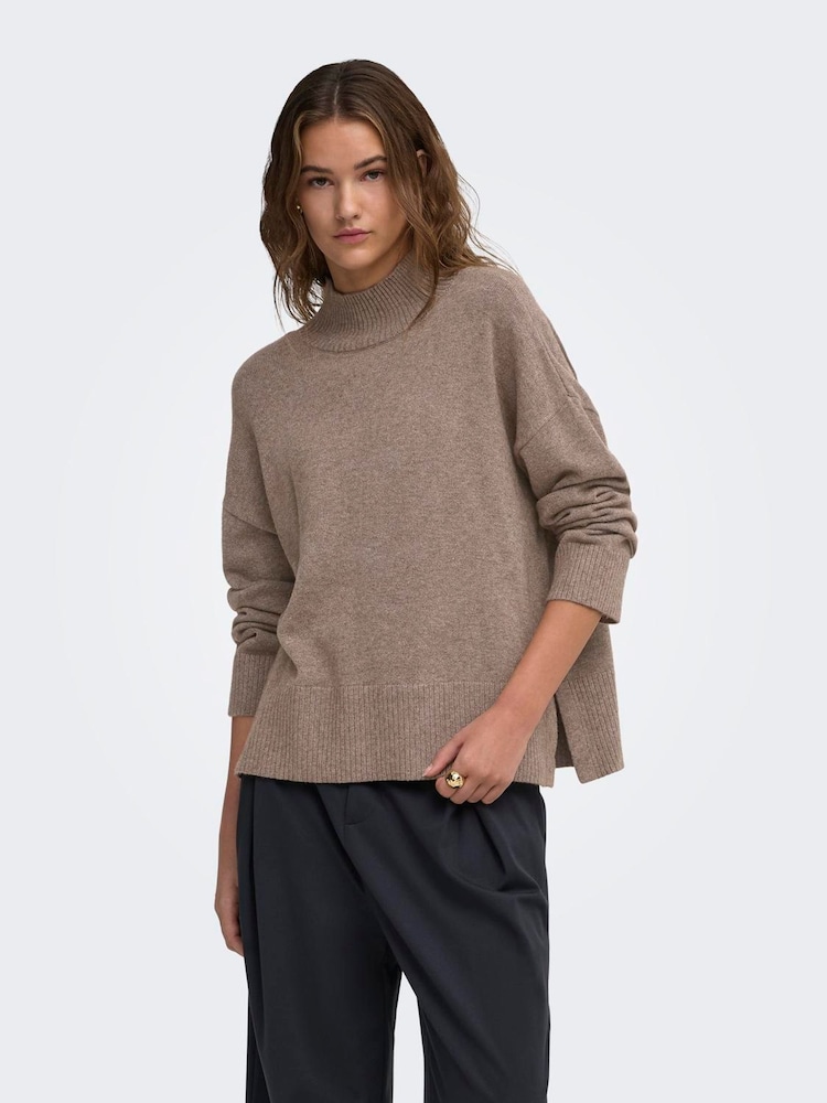 ONLY Brown High Neck Longline Slit Jumper - Image 2 of 6 ONLY Brown High Neck Longline Slit Jumper - Image 2 of 6