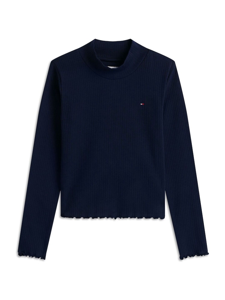 Tommy Hilfiger Blue Essential Ruffle Ribbed Long Sleeve Top - Image 5 of 5 Tommy Hilfiger Blue Essential Ruffle Ribbed Long Sleeve Top - Image 5 of 5
