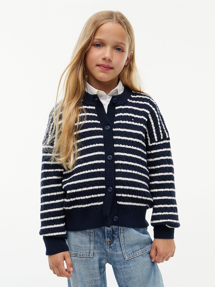 Tommy Hilfiger Blue Relaxed Cable Knit Cardigan - Image 1 of 5 Tommy Hilfiger Blue Relaxed Cable Knit Cardigan - Image 1 of 5
