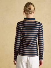 Joules Fairfield Navy Blue & Brown Ribbed Long Sleeve Striped Polo Shirt - Image 2 of 8