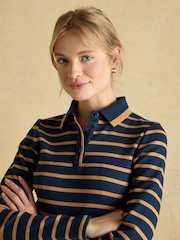 Joules Fairfield Navy Blue & Brown Ribbed Long Sleeve Striped Polo Shirt - Image 5 of 8