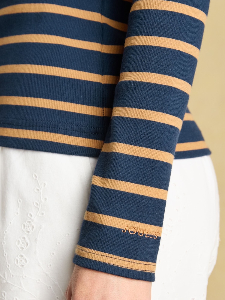 Joules Fairfield Navy Blue & Brown Ribbed Long Sleeve Striped Polo Shirt - Image 6 of 8