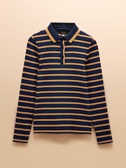 Joules Fairfield Navy Blue & Brown Ribbed Long Sleeve Striped Polo Shirt - Image 8 of 8