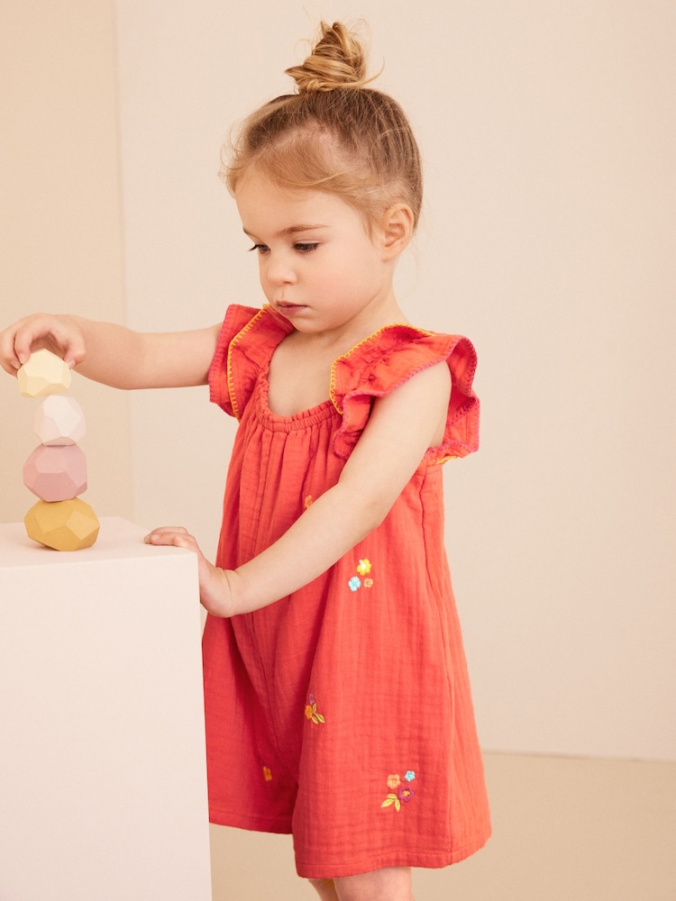 Coral Pink Embellished 100% Cotton Playsuit (3mths-7yrs) - Image 1 of 8